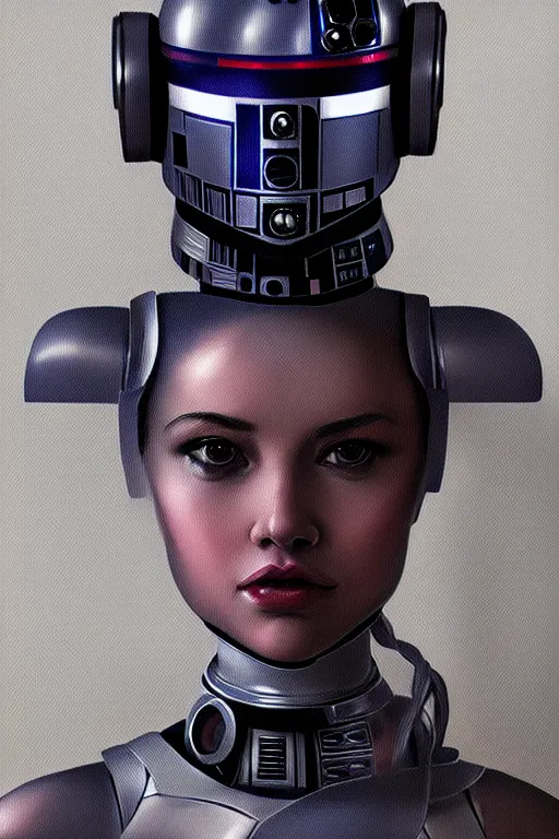 Image similar to a portrait of random girl as r 2 d 2 droid, humanization, humanized, grim - lighting, high - contrast, intricate, elegant, highly detailed, digital painting, artstation, concept art, smooth, sharp focus, illustration