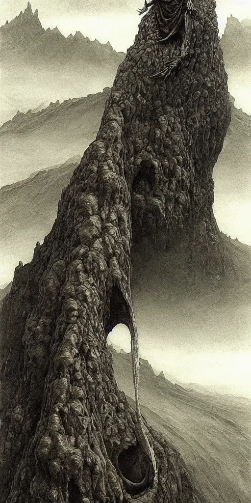 Image similar to A detailed lonley enormous sock with evil eyes stands among the mountains. Wearing a ripped mantle, robe. Perfect face, colossal scale, extremely high details, realistic, fantasy art, solo, masterpiece, art by Zdzisław Beksiński, Arthur Rackham, Dariusz Zawadzki