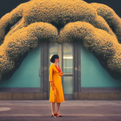 Prompt: giant flower head, frontal, woman standing in mid century building, surreal, symmetry, bright, tone in tone, cinematic, wes anderson