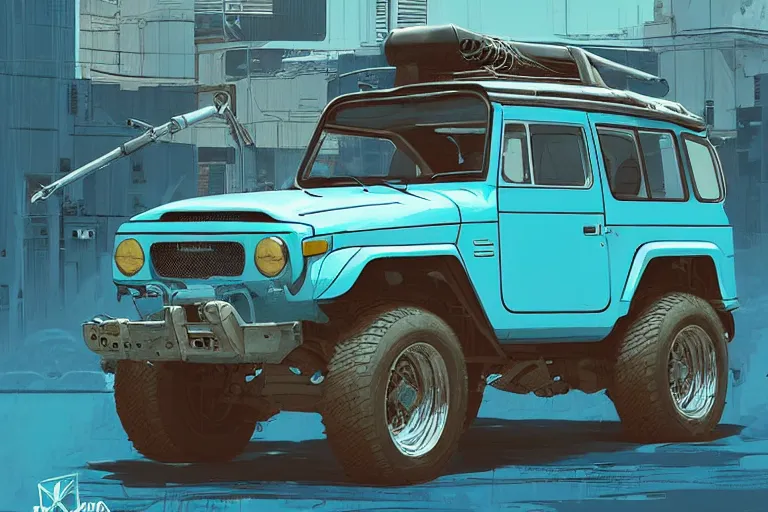 Image similar to digital illustration of a futuristic faded cyan mad max's fj 4 0 decrepit!!!! pursuit special, rusty!!! cyberpunk nissan fj cruiser heavily modded 1 9 9 0 s, the last v 8 interceptor by makoto shinkai, ilya kuvshinov, lois van baarle, rossdraws, basquiat