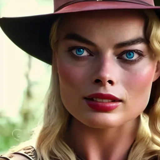 Image similar to Margot Robbie as Indiana Jones, cinematic, realistic, detailed, portrait