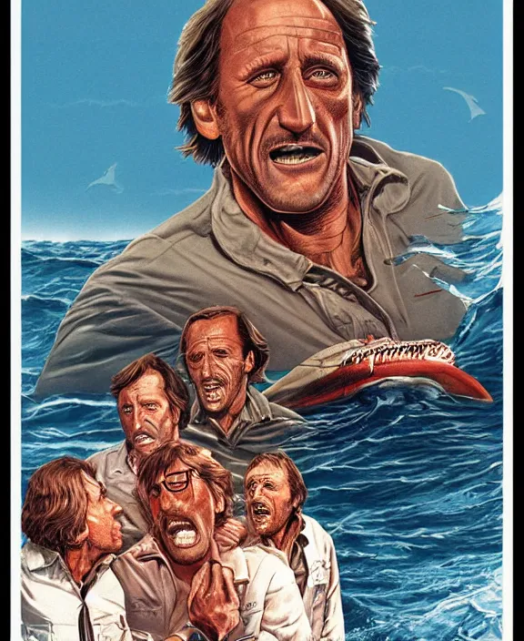 Prompt: Roy Scheider as Chief Brody in Jaws (1974), illustrated by Les Edwards, Mondo art print, poster, detailed, symmetrical