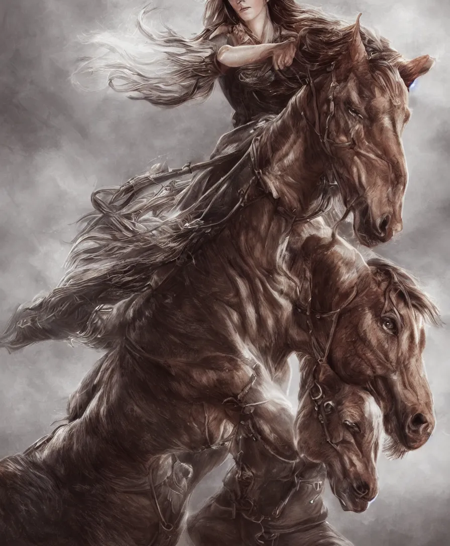 Image similar to Emma Watson transforming into a mare, Hermione as a horse, Animorphs cover, intricate, elegant, highly detailed, digital painting, artstation, concept art, smooth, sharp focus, illustration