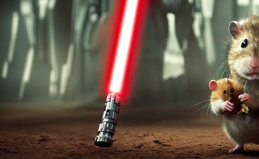 Prompt: movie still, star wars, hamster wielding a lightsaber, cinematic, sharp focus, cinematic lighting, 8 k