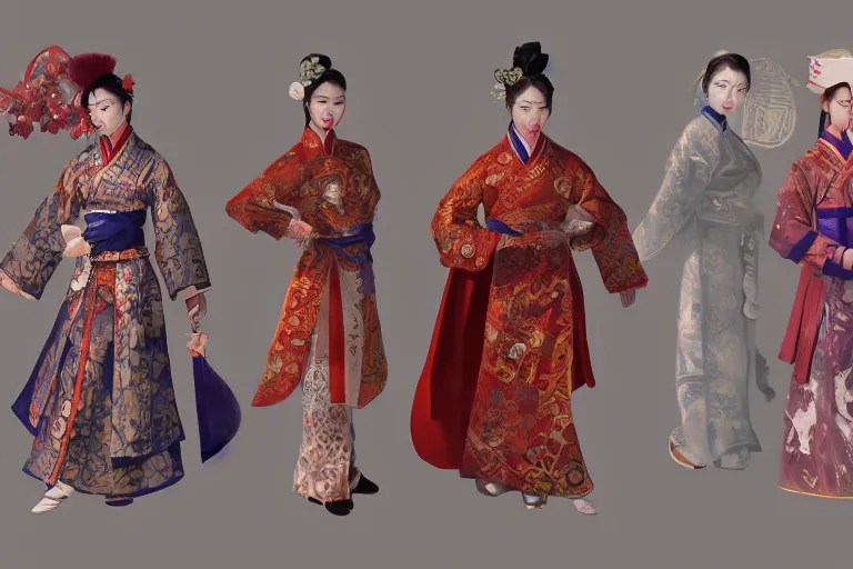 Prompt: Character design sheet of traditional chinese costumes, cinematic lighting, dramatic atmosphere, by Craig Mullins, 4k resolution, trending on artstation