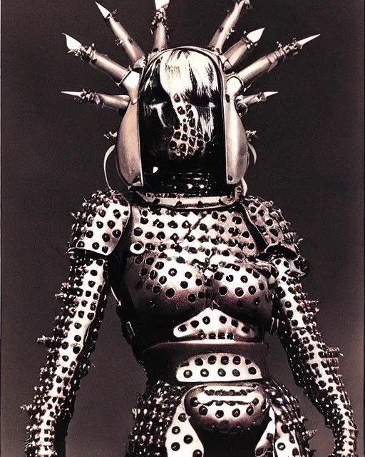 Prompt: portrait of a skinny punk goth yayoi kusama wearing armor by simon bisley, john blance, frank frazetta, fantasy, thief warrior, bauhaus brutalist