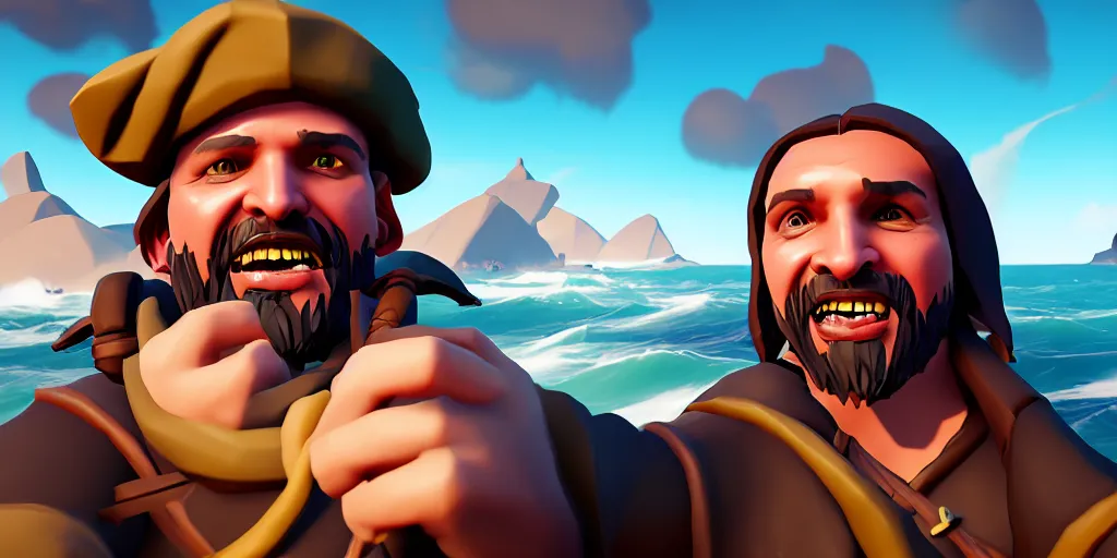 Image similar to selfie of a sea of thieves character, sea of thieves screenshot, storm, unreal engine, digital art