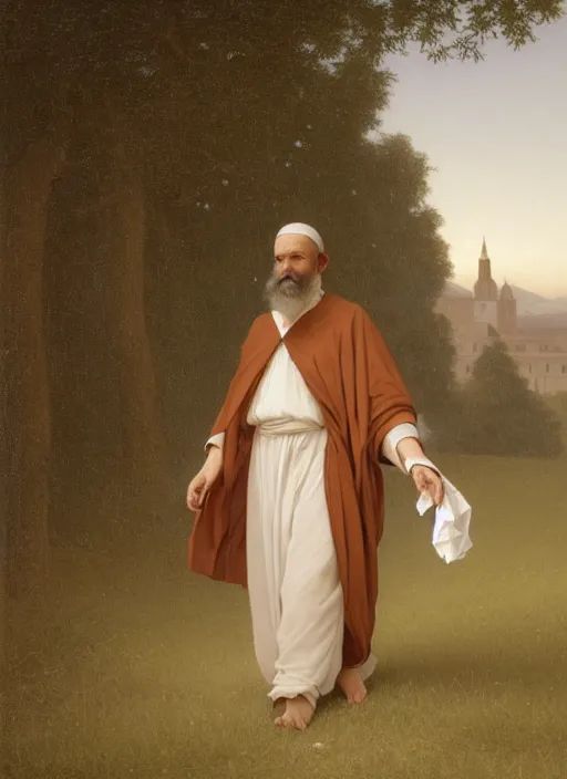 Image similar to oil painting portrait of a dominican monk with a long beard in a white and brown habit, striding dancing through a flourishing garden at sunset with a monastery in the background, hazy, digital art, chiaroscuro, artstation, cinematic, golden hour, digital art painting by greg rutkowski, william - adolphe bouguereau, hazy atmosphere, flowers, cinematic lighting