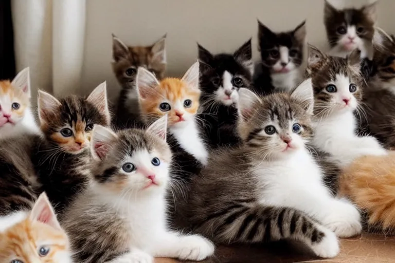 Image similar to a living room full of cute kittens that are all sitting positioned facing directly at the camera and all of the kittens are looking directly into the camera