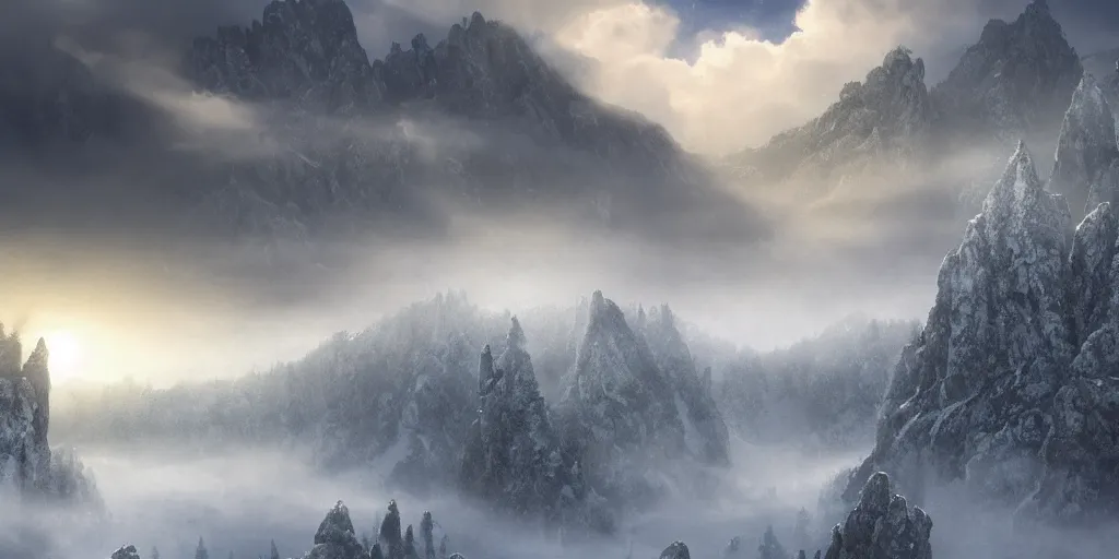 Prompt: backlit low lying clouds in a snowy valley with craggy giant rocks hidden in mist, artstation, matte painting