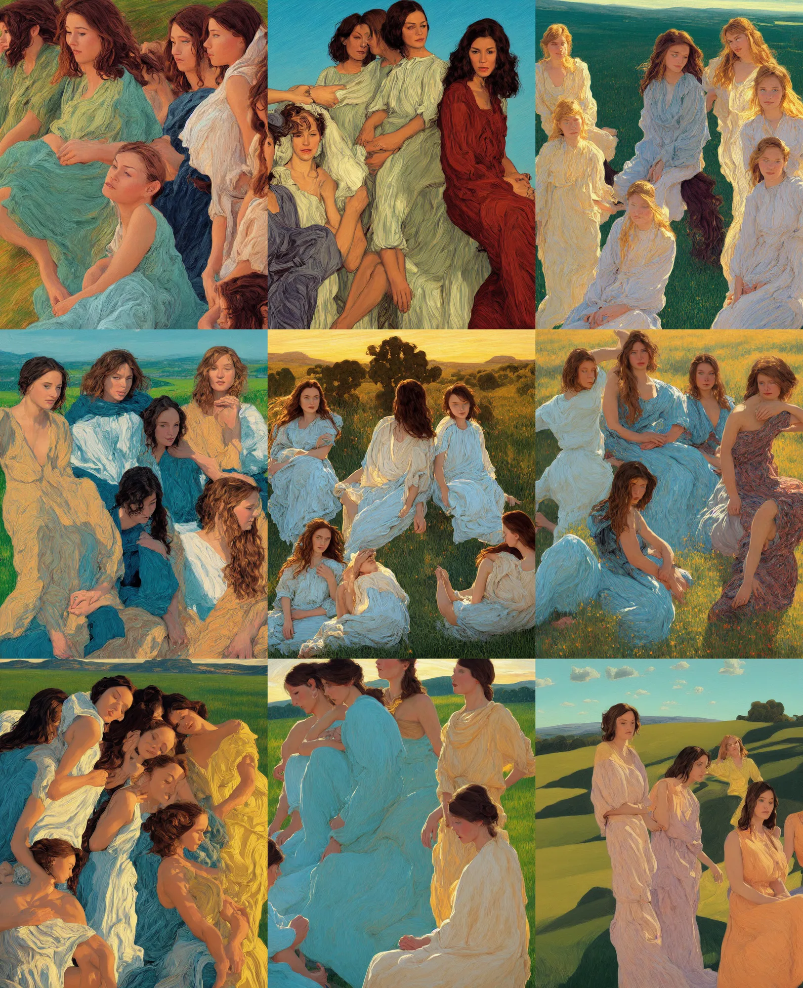 Prompt: three sitting girl in cyan and brown and white maxi dresses between clouds above green fields in sunset light, close up portrait, elegant, intricate, digital painting, artstation, concept art, golden hour, smooth, sharp focus, illustration, art by ed mell and Daniel F. Gerhartz and Jacek Malczewski and gustav klimt, Tibor Nagy