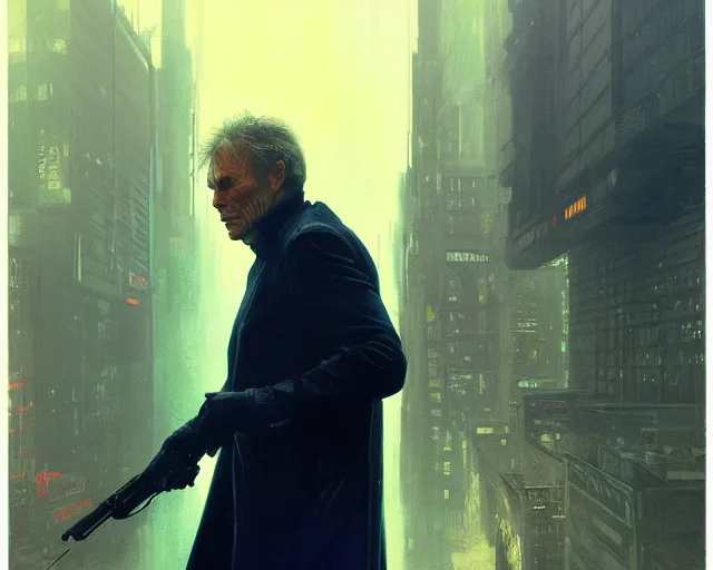 Image similar to 2 0 1 8 blade runner movie smooth face clint eastwood in his youth look at the cityscape from roof perfect face fine realistic face pretty face reflective polymer suit tight neon puffy jacket blue futuristic sci - fi elegant by denis villeneuve tom anders zorn hans dragan bibin thoma greg rutkowski ismail inceoglu illustrated sand storm alphonse mucha