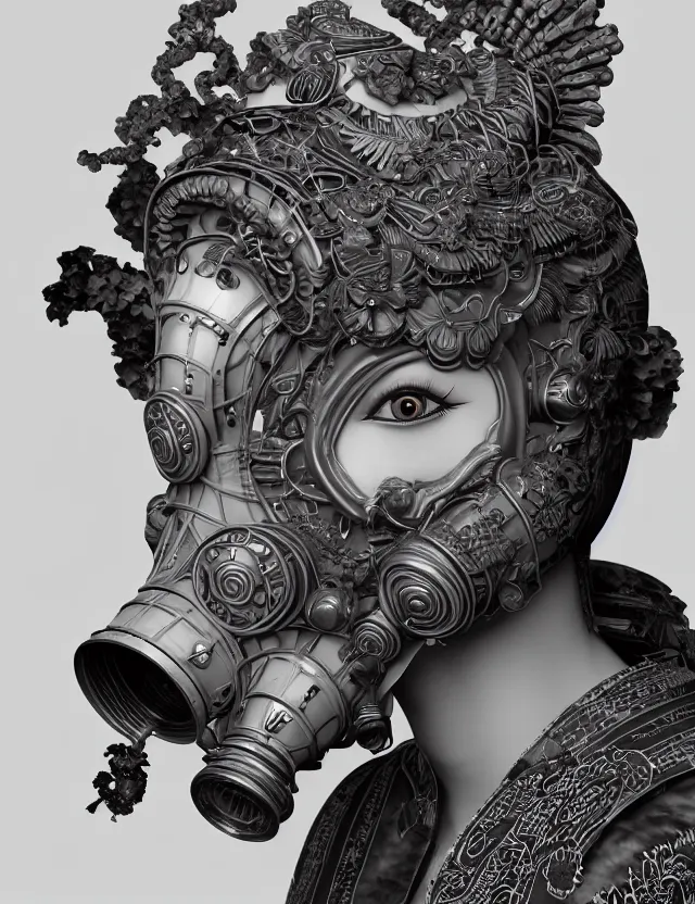 Image similar to 3 d goddess close - up profile portrait with vintage gas mask ram skull. beautiful intricately detailed japanese crow kitsune mask and clasical japanese kimono. betta fish, jellyfish phoenix, bio luminescent, plasma, ice, water, wind, creature, artwork by tooth wu and wlop and beeple and greg rutkowski