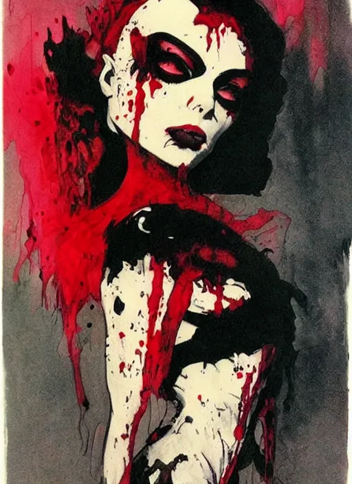 Image similar to portrait of bald iranian vampiress, strong line, saturated color, beautiful! coherent! by frank frazetta, high contrast, blood splatter background