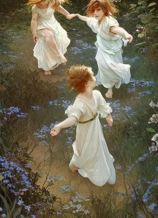 Image similar to two cute children holding hands and running through the forest. beautiful painting by artgerm and greg rutkowski and alphonse mucha