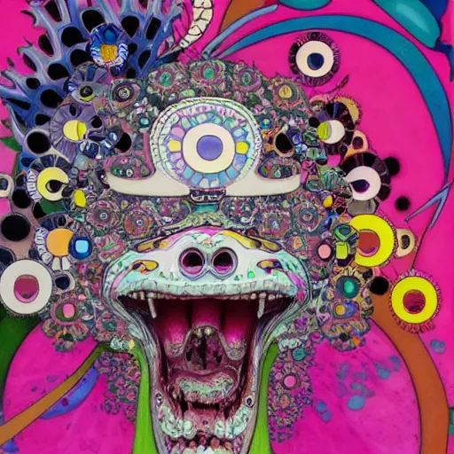 Image similar to pink scream by takashi murakami and h.r. giger, full body, oil on canvas, intricately detailed artwork, full 8k high quality resolution, recently just found unknown masterpiece