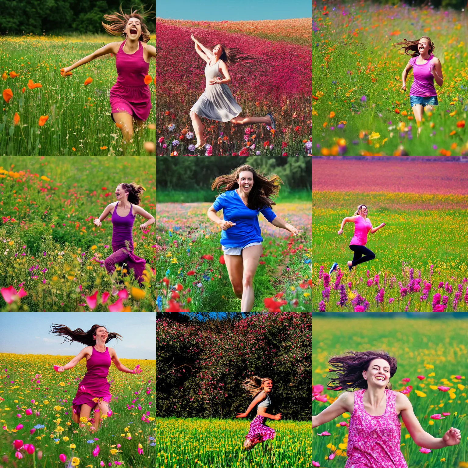 Prompt: an ecstatic woman running through a field of flowers