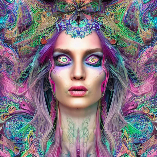 Image similar to psychadelic witch, beautiful face, hyper detailed, flowing psychadelic background intricate and detailed, ornate 8 k gorgeous intricate detailed, octane render