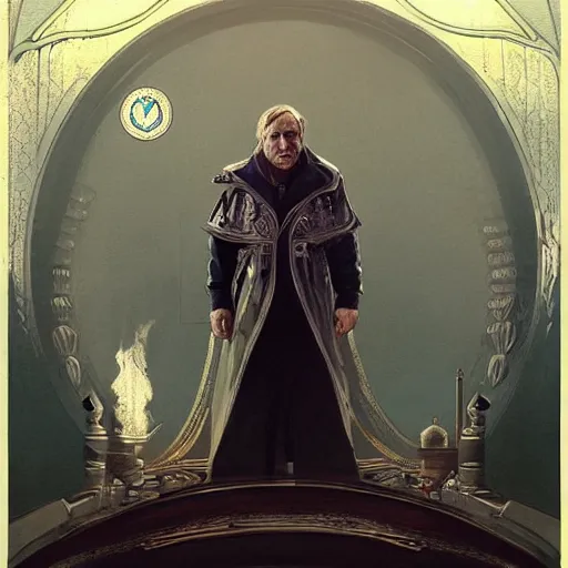 Image similar to [robot Depardieu as president of France! as GTA character, mystic hermit, closeup, D&D, intricate, elegant, highly detailed, digital painting, artstation, concept art, matte, sharp focus, illustration, art by Artgerm and Greg Rutkowski and Alphonse Mucha]