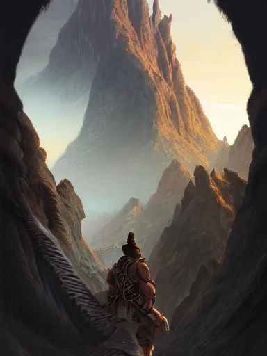 Image similar to back of a powerful king looking to the very distant horizon full of montains and valleys. intricate, elegant, highly detailed, digital painting, artstation, concept art, sharp focus, illustration, by justin gerard and artgerm, 8 k