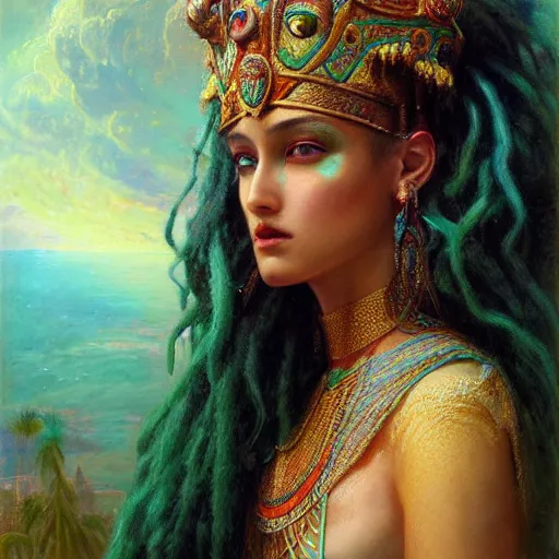 Image similar to artstation, intricate detail, hyper detail, portrait by gaston bussiere, tan skin, lady of elche, egyptian sumerian features, techno mystic goddess princess intergalactica inanna with aqua neon rapunzel dreadlocks,