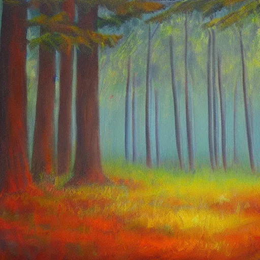 Prompt: forest on sunrise, oil painting
