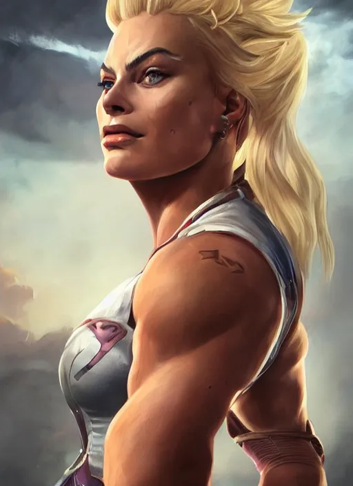 Image similar to detailed portrait of margot robbie as a thick female bodybuilder champion zarya from overwatch, attractive, beautiful, fantasy, intricate, elegant, highly detailed, digital painting, artstation, concept art, matte, sharp focus, illustration, art by aenaluck, artgerm and roberto ferri and greg rutkowski, epic fantasy, digital painting