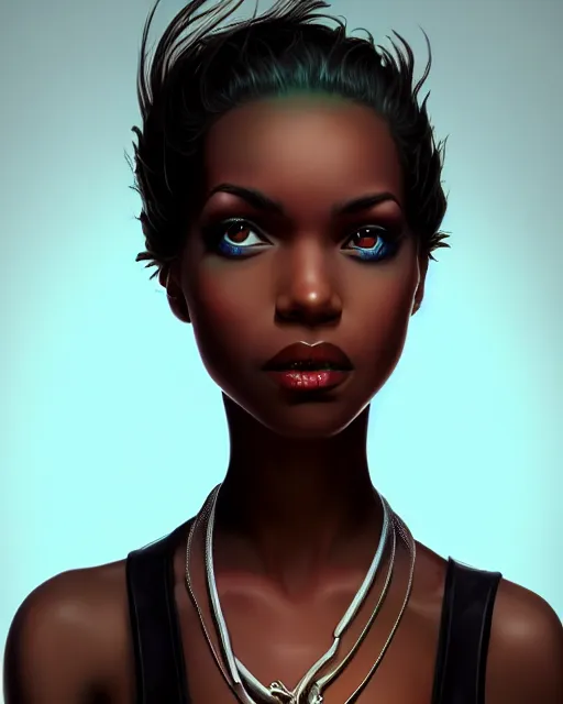 Prompt: punk rock dark - skinned young woman character portrait, by don bluth, sci - fi environment, highly detailed, dynamic shadows, 4 k, wallpaper - 1 0 2 4