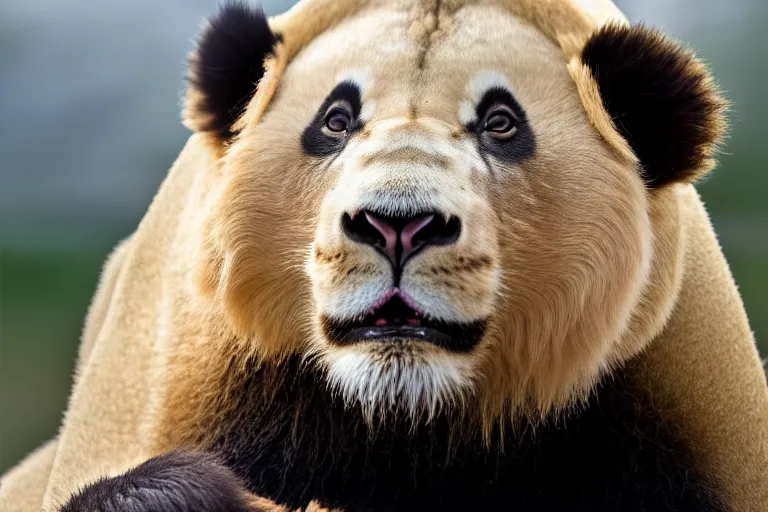 Prompt: a lion panda!!! hybrid! hyper realistic!! realistic lighting!! wildlife photographer of the year!!! bold natural colors, national geographic, hd, wide angle, 8 k