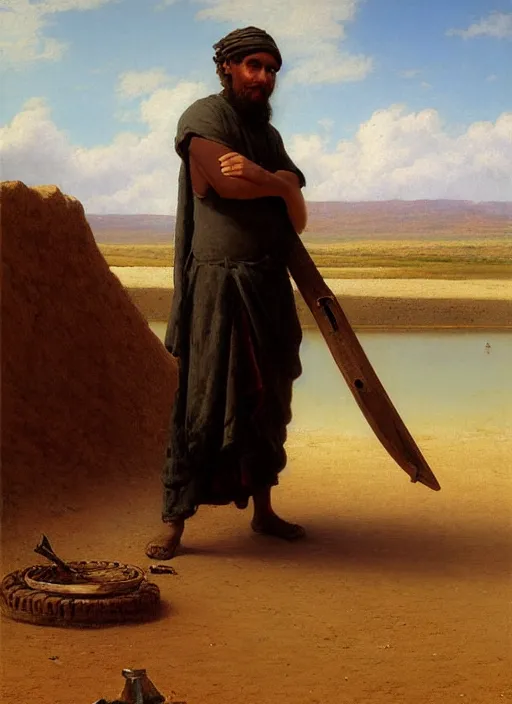 Image similar to beautiful ominous portrait of a male blacksmith in desert next to lake by Edmund Blair Leighton,