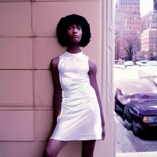 Image similar to realistic photoshoot for a new balenciaga lookbook, color film photography, portrait of a beautiful person, in style of Campbell Addy, location in new york, 35mm