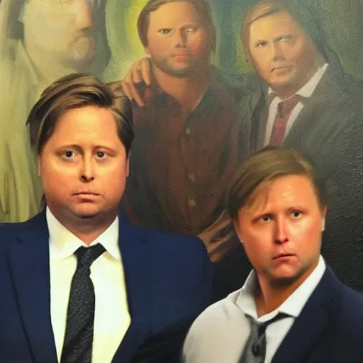 Prompt: Tim Heidecker standing behind Alex Jones while laying a comforting hand on his shoulder. Religious painting.