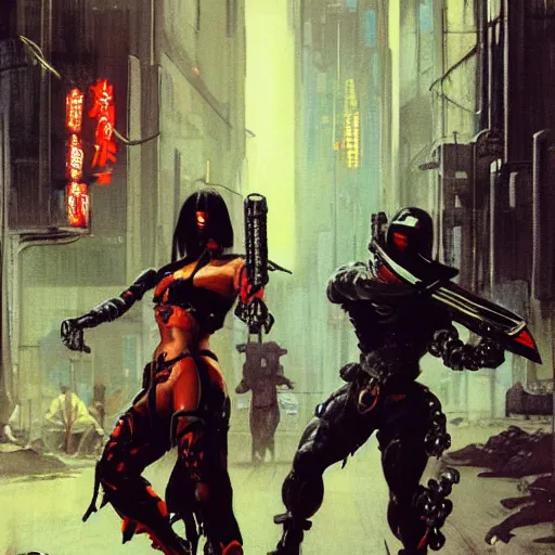 Image similar to An android wielding two katanas in a cyberpunk setting by Frank Frazetta, Trending on Artstation, 1980s computer graphics,