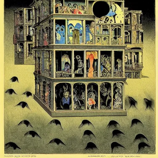 Image similar to Technicolor box of ghosts, by M.C. Escher, by Joseph Cornell, by Francisco Goya, fairy-tale illustration style, very detailed, colorful, beautiful, eerie, surreal, psychedelic