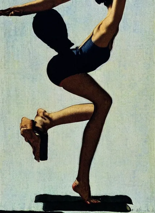 Image similar to a pin up girl doing yoga by norman rockwell and edward hopper