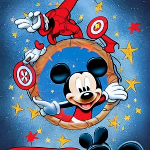 Prompt: a starry eyed mickey mouse sticking his hand through a portal into the marvel universe. on the other side other disney friends await, each dressed in their new superhero costume