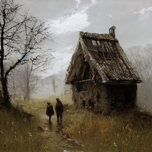 Image similar to painting by jakub rozalski of abandoned village