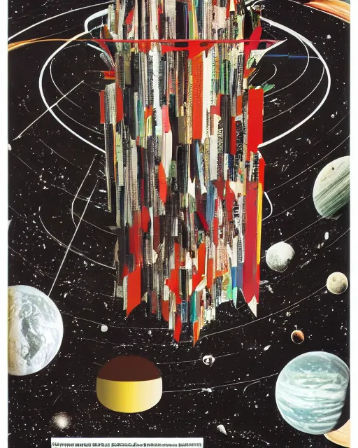 Prompt: Artistic collage, made of random shapes cut from fashion magazines, science magazines, and textbooks, of 2001: A Space Odyssey film poster. 1968