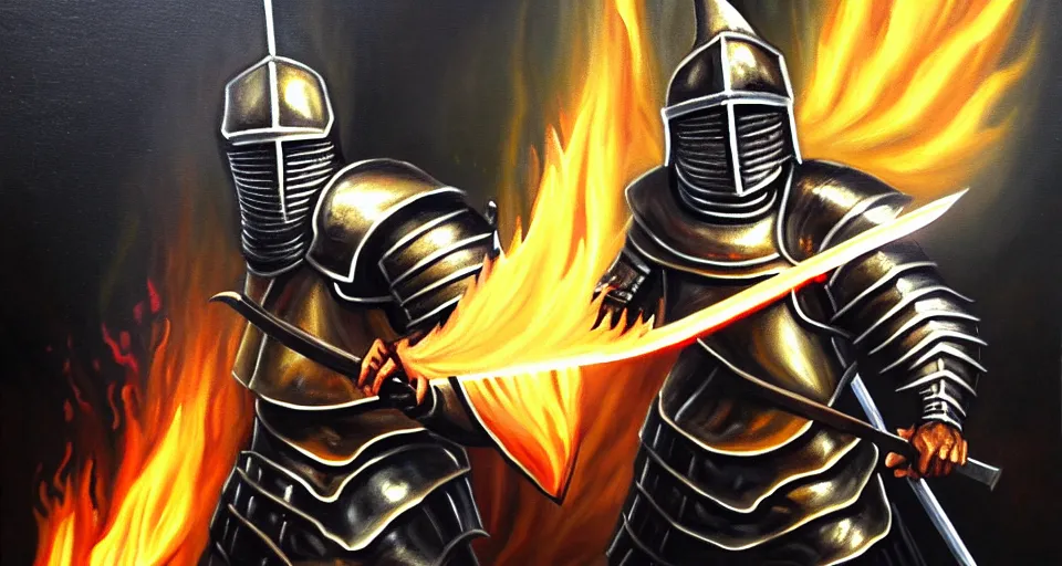 Image similar to An oil painting of a knight in dark metal armor wielding a flaming sword