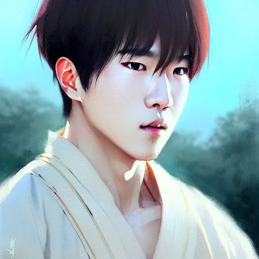 Image similar to 5 mm close up portrait photo of park jimin wearing a traditional outfit. art by greg rutkowski. lifelike. very detailed 8 k. intricate. soft light. nikon trending on pixiv fanbox, painted by greg rutkowski makoto shinkai takashi takeuchi studio ghibli, akihiko yoshida