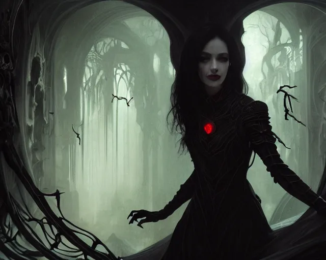 Prompt: a 4 k cinematic screenshot still portrait of a vampire in a dark liminal space room surrounded by spider webs, deep focus, d & d, fantasy, intricate, elegant, highly detailed, digital painting, art station, concept art, matte, sharp focus, illustration, dark fantasy style art, hearthstone, art by artgerm and greg rutkowski and alphonse mucha