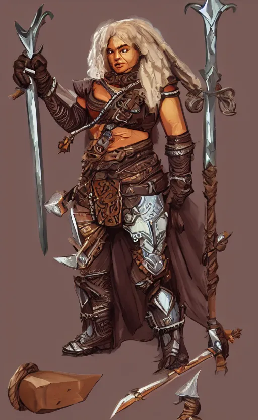 Image similar to Dungeons and dragons character art, dwarf woman, dark skin, battleaxe, wearing armor, trending on artstation