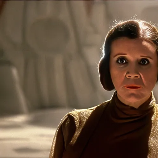 Image similar to princess Leia played by Mark Hamill, movie still, cinematic,