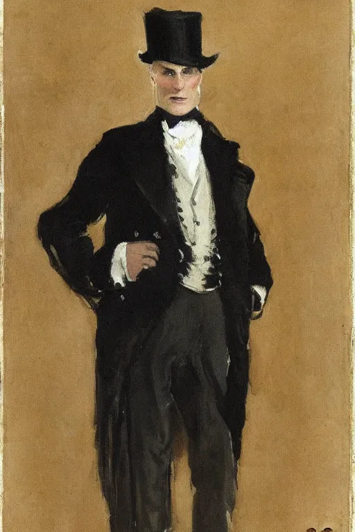 Image similar to portrait of dolph lundgren as a gentleman wearing an edwardian suit and top hat by walter sickert, john singer sargent, and william open