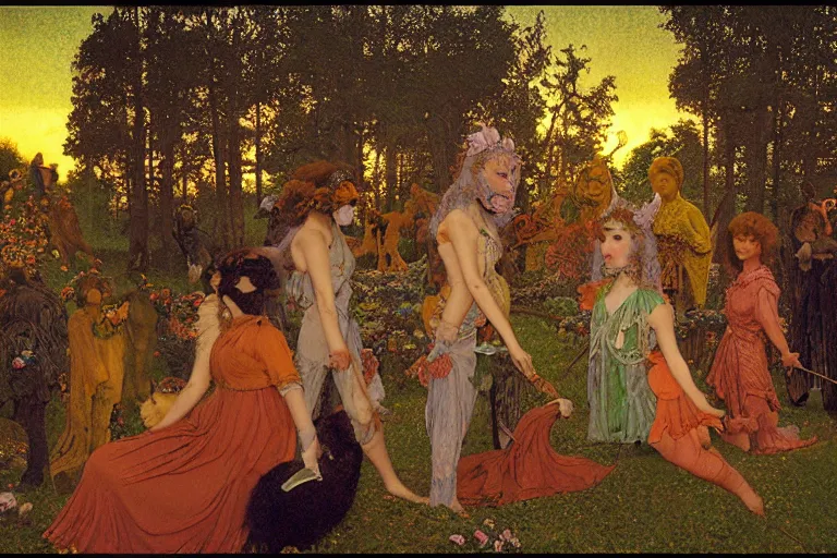 Image similar to autochrome of a midsummernight's dream renaissance forest festival at sunset with masks of wolves and sheep in the style of, jugendstil, alma tadema, vaughn bode and maxfield parrish, maurice sendak and arzach by moebius