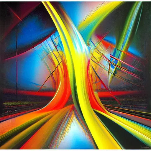 Image similar to abstract art representing momentum, oil painting by john berkey and gabriel dawe, masterwork