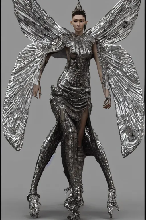 Prompt: a highly detailed 4 k render of a beautiful angel alien goddess bella hadid in iris van herpen dress armor schiaparelli in diamonds and jewelry in style of alphonse mucha trending on artstation made in unreal engine 4