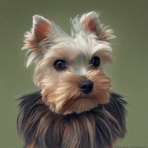 Prompt: teacup yorkshire terrier sitting on teacup, in teacup portrait art by donato giancola and greg rutkowski, realistic face, digital art, trending on artstation, symmetry