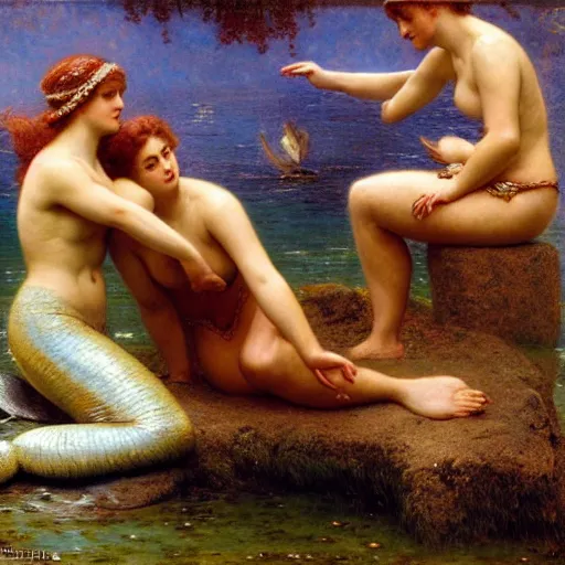 Image similar to mermaids wrestling, hard lighting, graceful, full body, warm lighting, painting by gaston bussiere, craig mullins, j. c. leyendecker, lights, art by ernst haeckel, john william godward, hammershøi