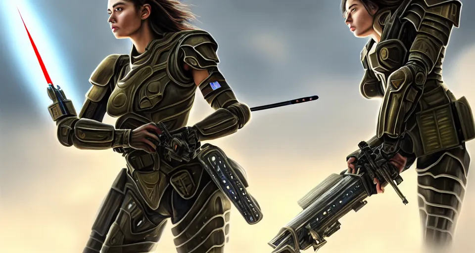 Image similar to a photorealistic painting of an attractive young warrior girl, clothed in stealth-battle armor with a giant sci-fi sniper rifle in her hands, olive skin, long dark hair, beautiful bone structure, symmetrical face, perfect eyes, a futuristic hover-tank with heavy laser-turret in the background, intricate details, elegant, digital painting, illustration, sharp focus, minimal artifacts, from Metal Gear, in the style of Ruan Jia and Mandy Jurgens and Greg Rutkowski, trending on Artstation, award winning, unreal engine, octane render